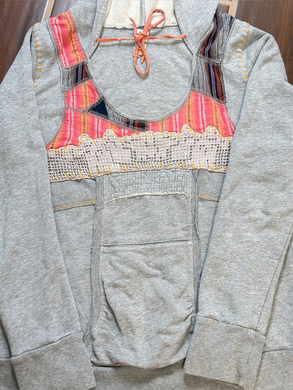 Free People Gray Pullover Hoodie with Pink & Orange Patchwork